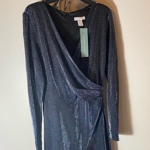 London Times Womens Long Sleeve V Neck Midi Sheath Dress